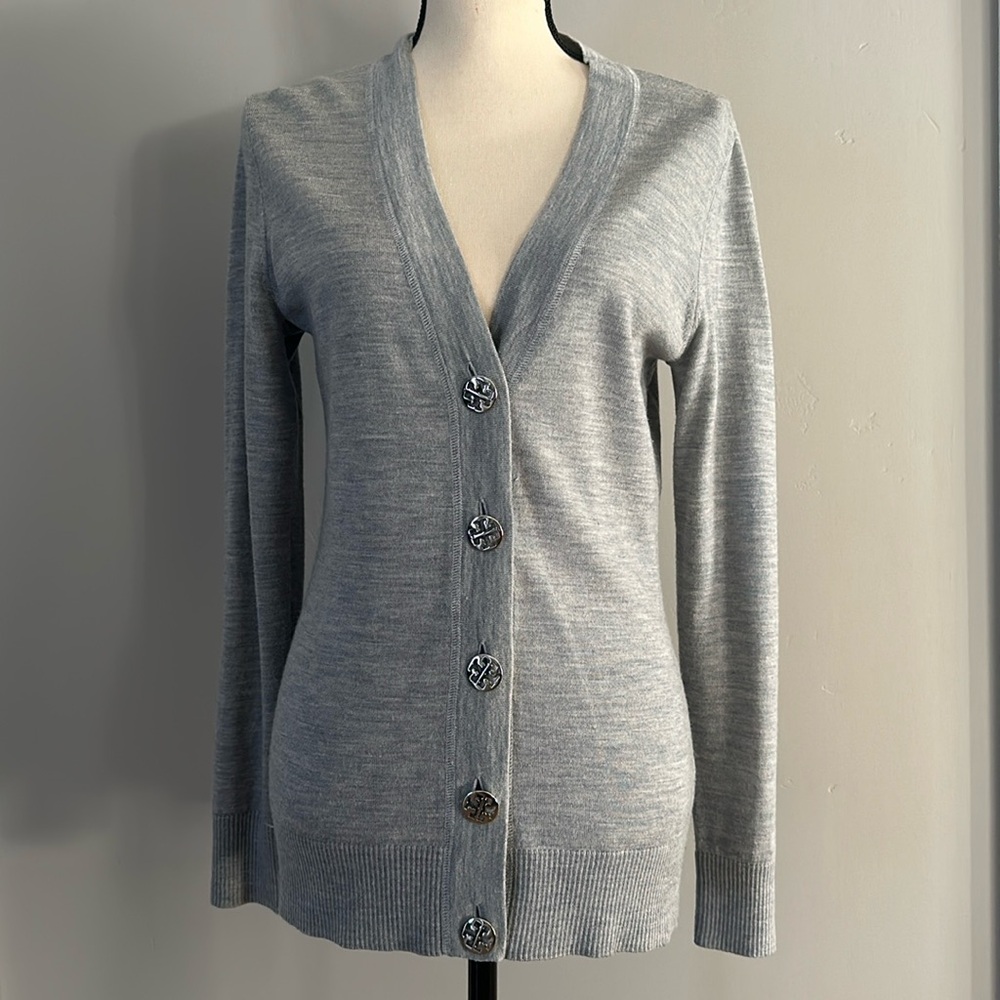 Tory Birch Light Grey Cardigan with silver logo buttons